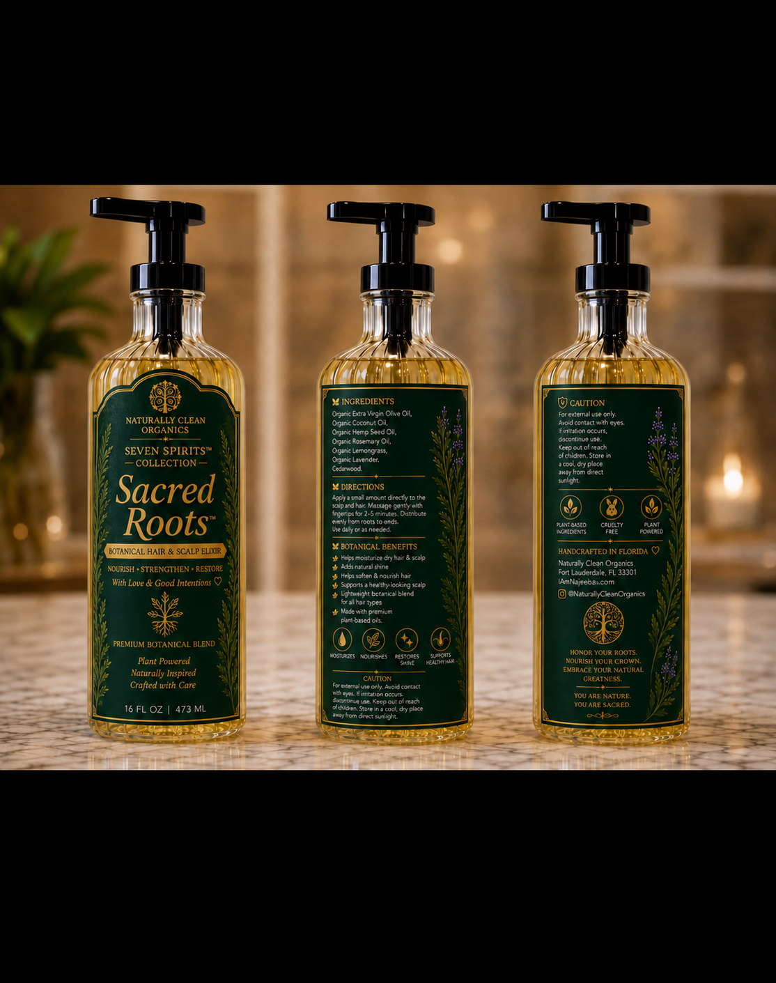 Sacred Roots 16 ounce Full-Size Ritual Bottle shown from the front and back